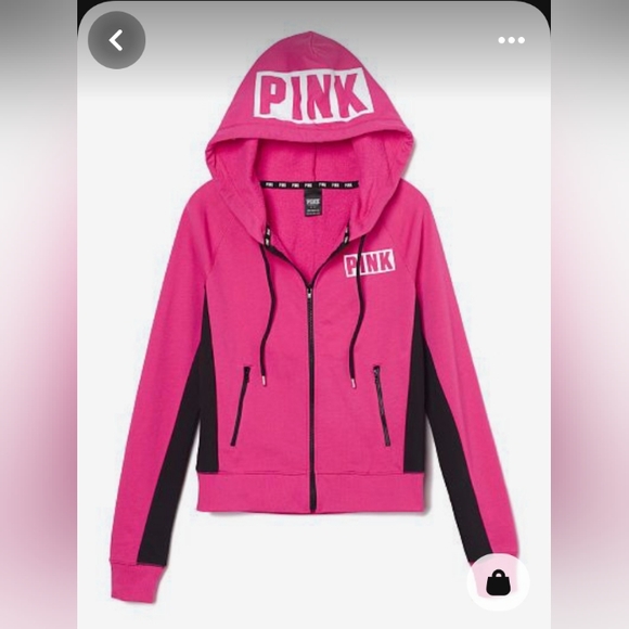 PINK VS Full Zip Up Colorblock Hoodie Hot Pink, Black & White - Picture 2 of 6